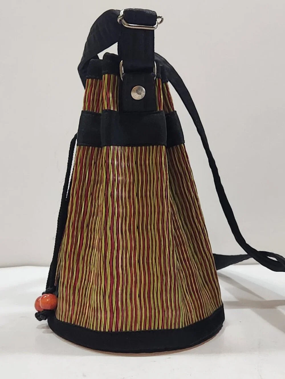 Saraye Tatami Woven Cinch Bucket Bag - Red & Green Grass Stripe